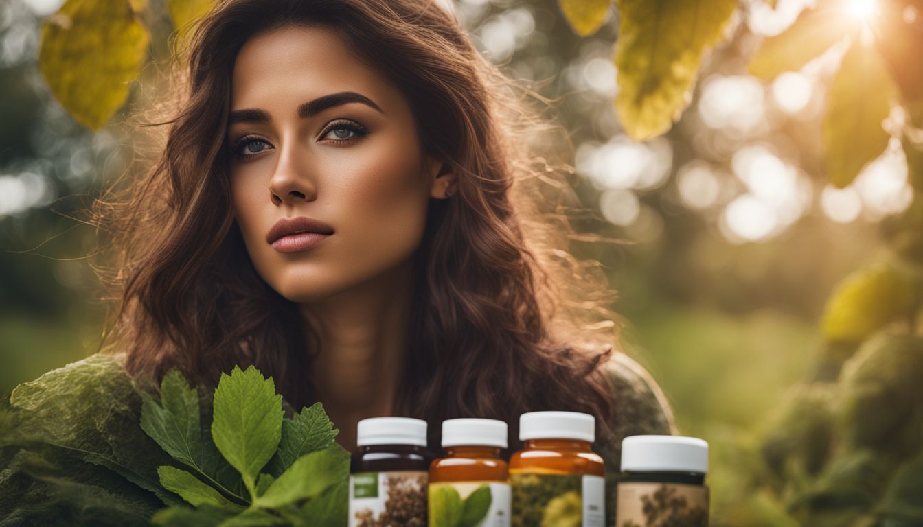 A person surrounded by natural supplements in a serene nature setting.