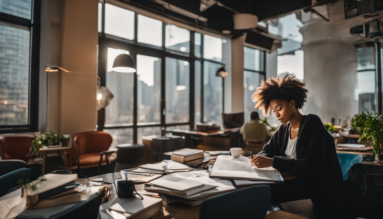 A person studying in a bustling, well-lit city environment with diverse people.