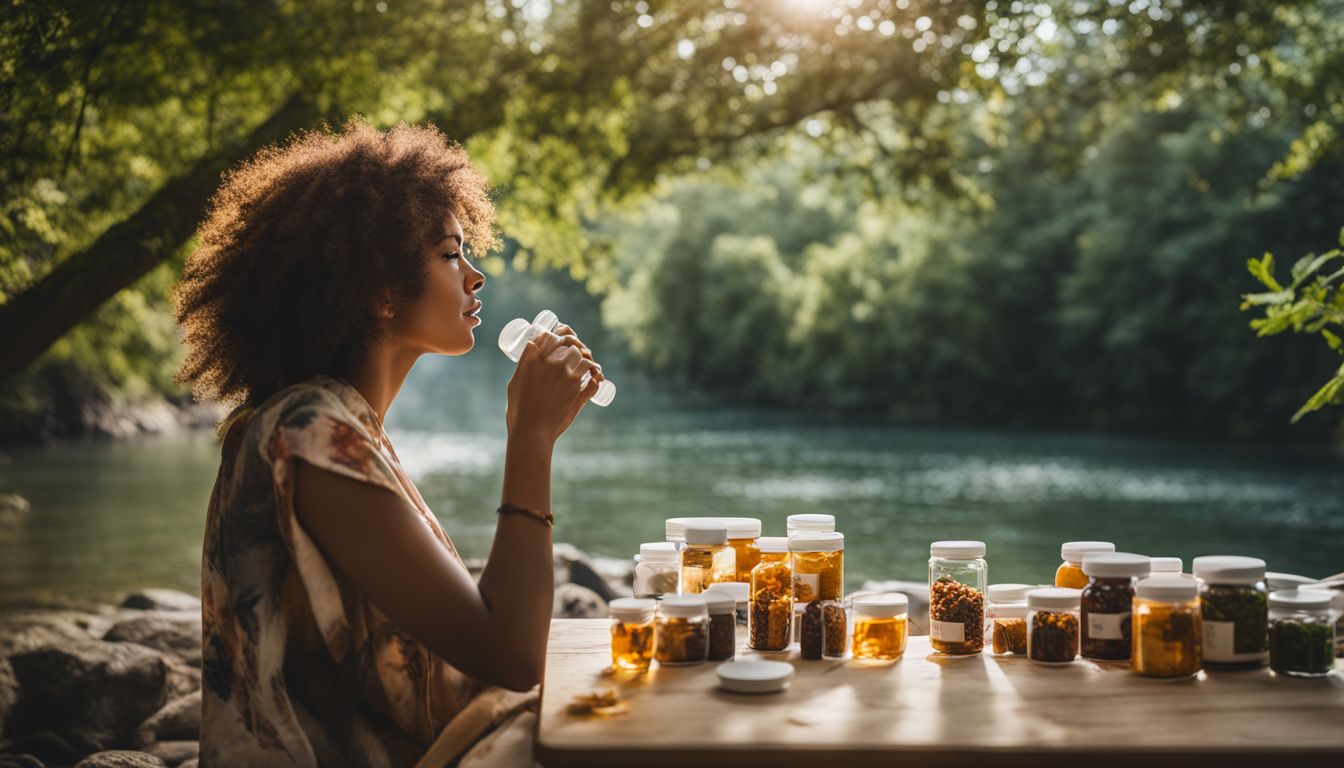 A person peacefully taking vitamins in a natural environment.