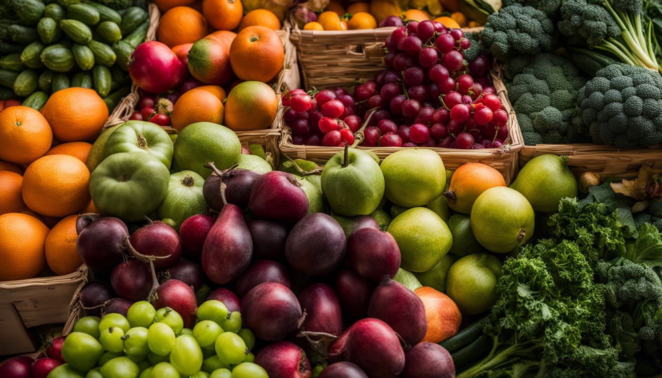 A close-up of vibrant fruits and vegetables in a bustling farmer's market.