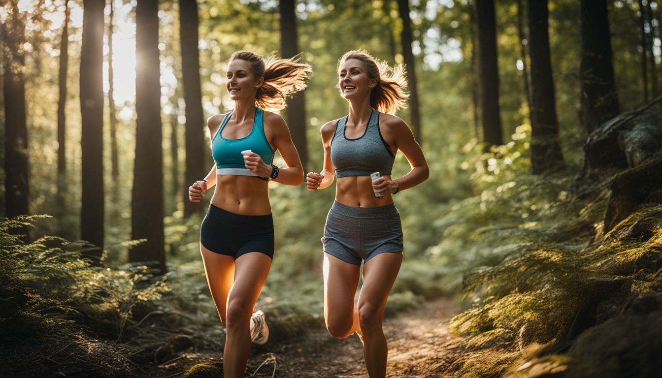 A woman jogging in a forest with fat burning supplements.