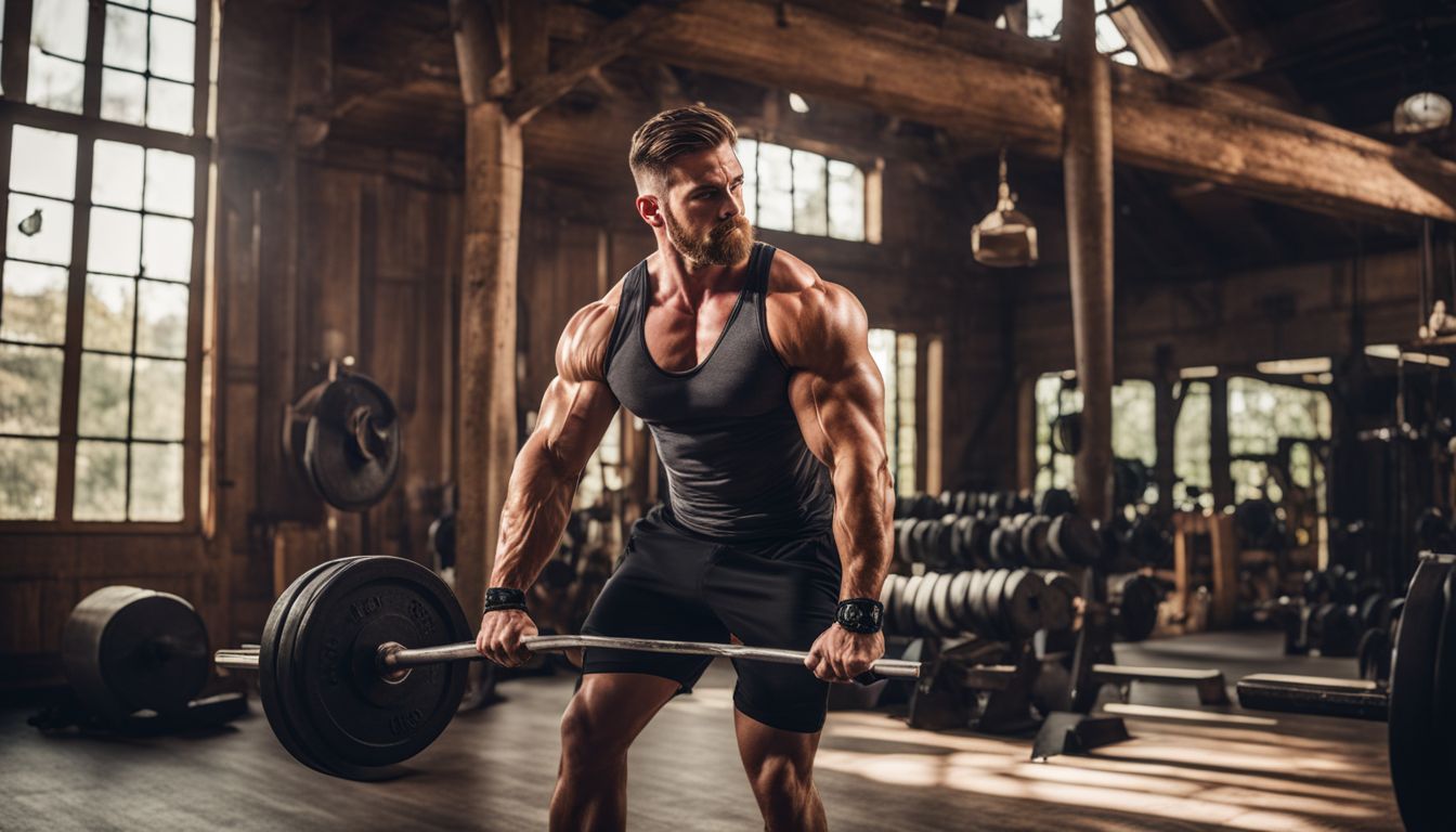 A muscular man lifting weights in a rustic gym surrounded by natural elements.