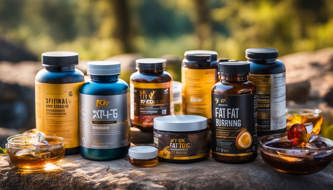 Various fat burning supplements arranged in a natural outdoor setting.