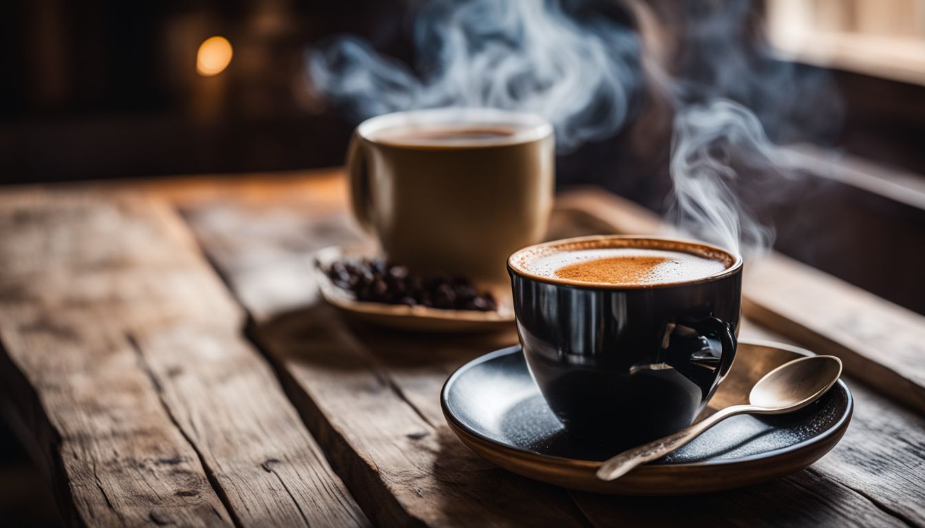 A steaming cup of black coffee on a rustic wooden table in a cozy morning kitchen.