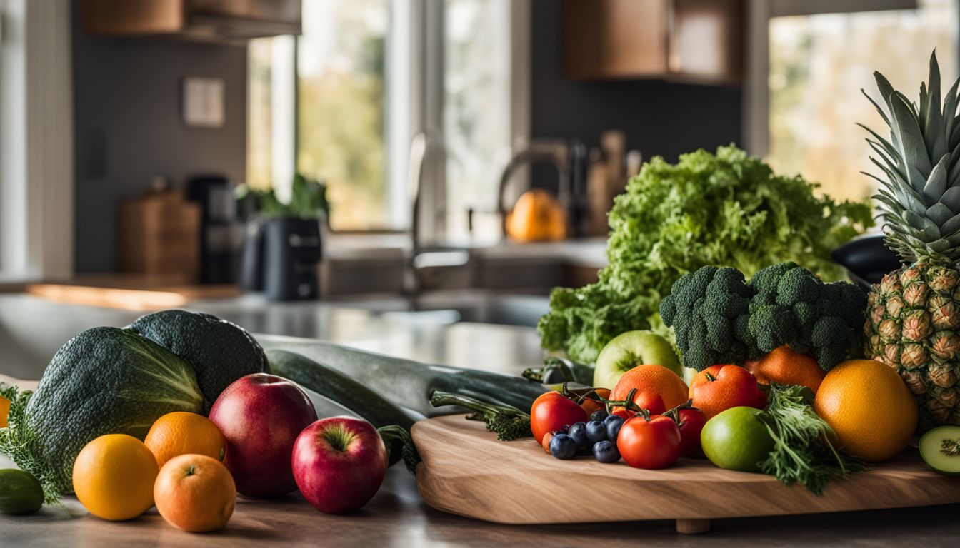 A variety of healthy fruits and vegetables with exercise equipment in a kitchen.