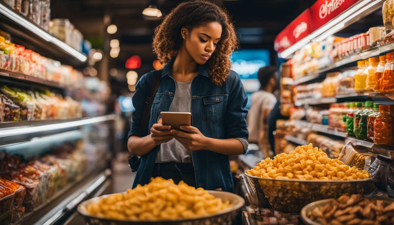 A person choosing unhealthy snacks over fat burning supplements in a busy environment.