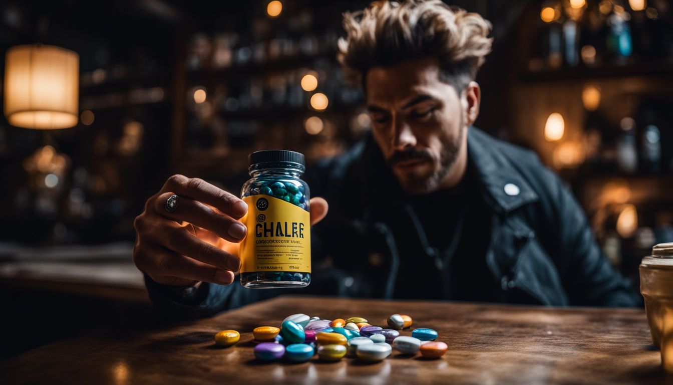 A man holds fake supplement pills in a deceptive setting.