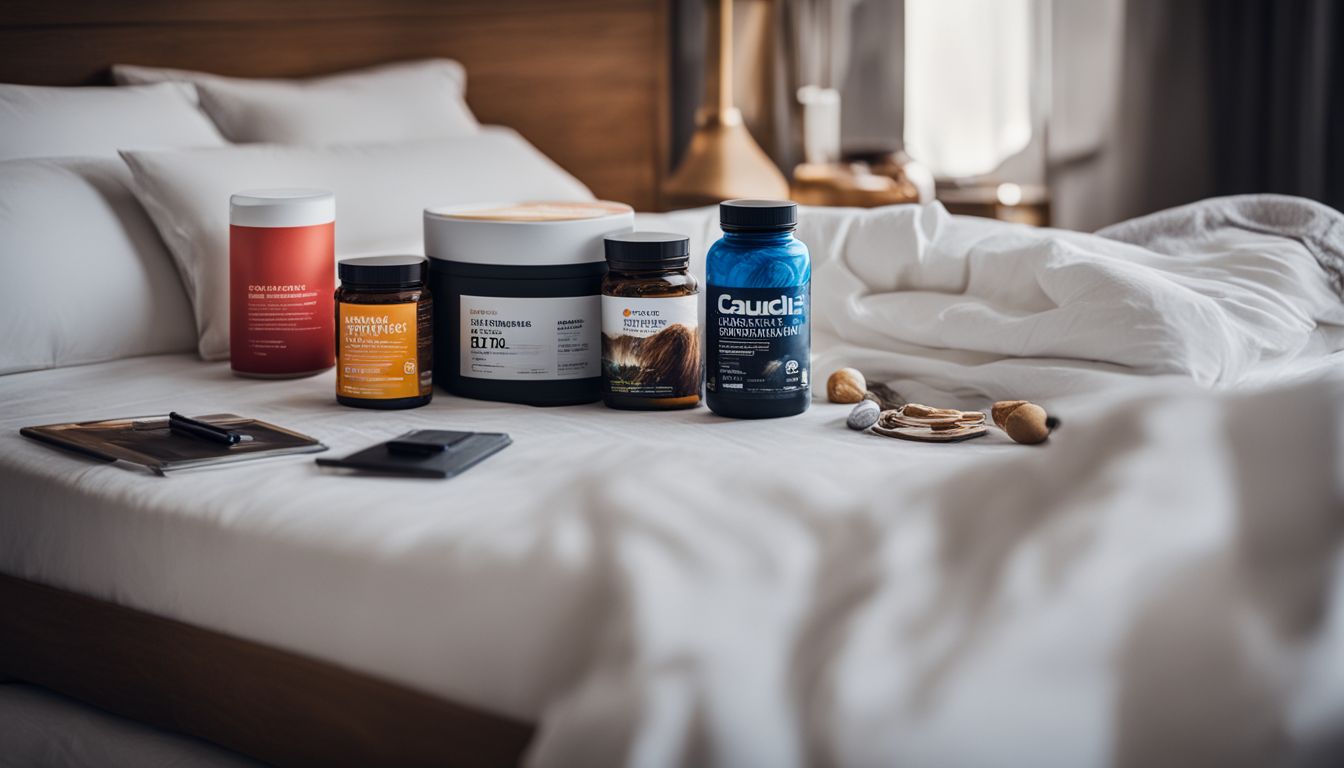 A bottle of muscle building supplements in a messy bedroom.