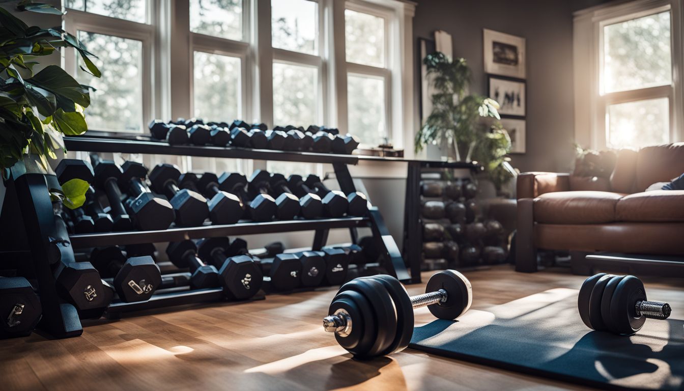 A well-equipped home gym with dumbbells and workout equipment.