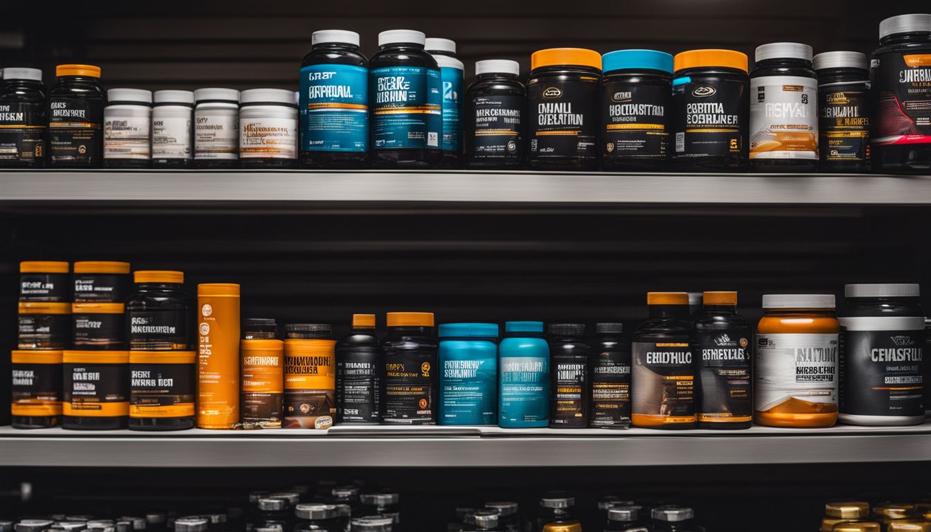 A shelf of muscle building supplements in a well-lit gym.