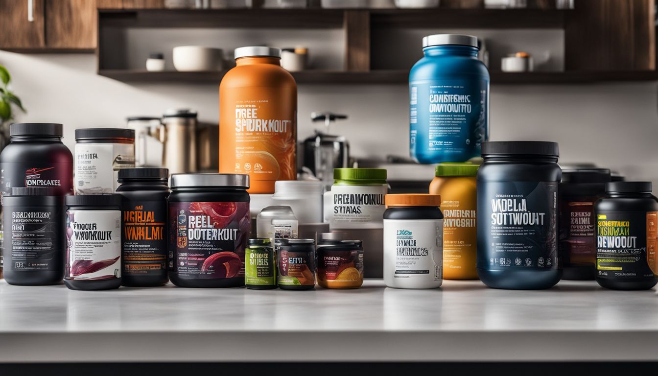 A diverse selection of pre-workout supplement bottles on a modern countertop.