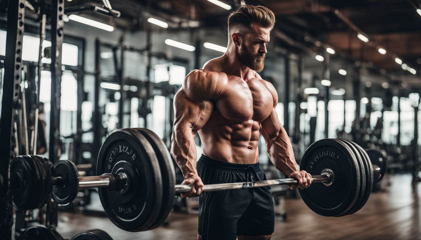 A muscular man lifting weights in a busy gym.