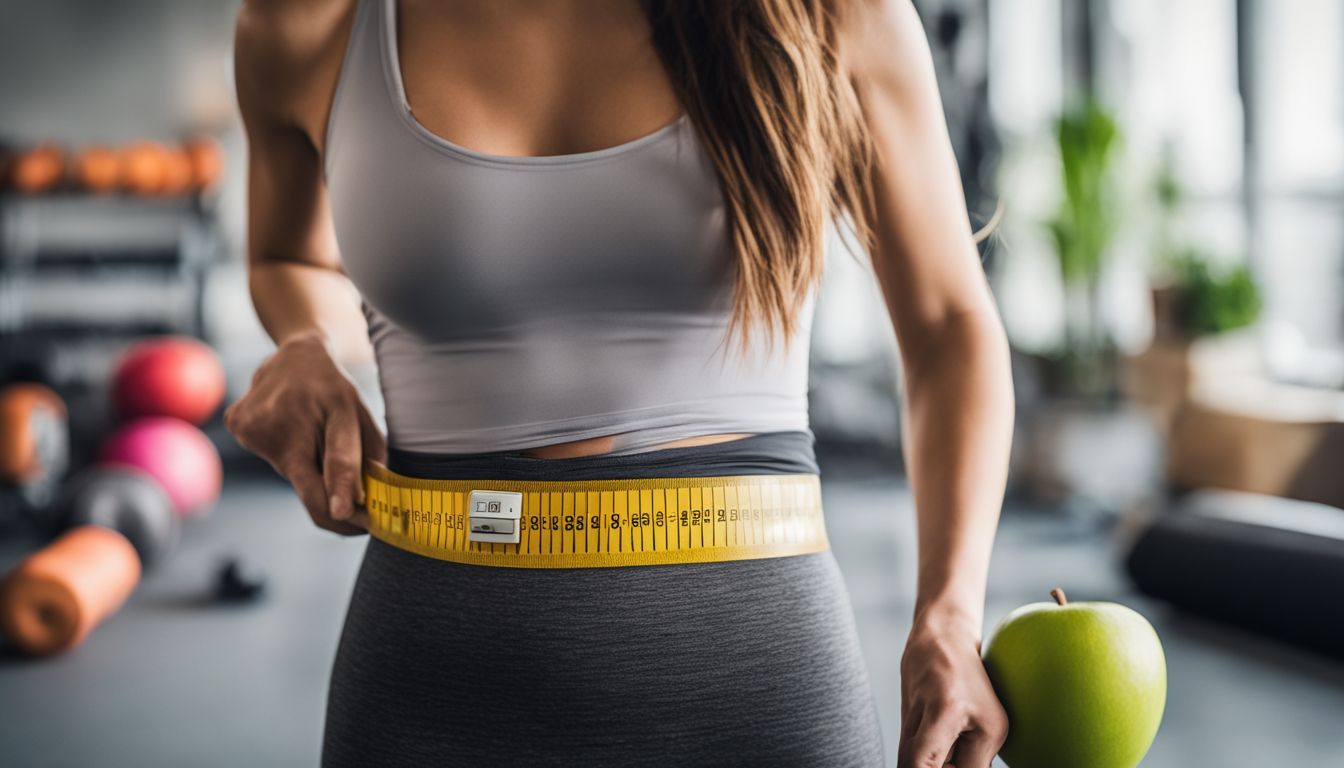 A tape measure wrapped around a waist with healthy lifestyle items.