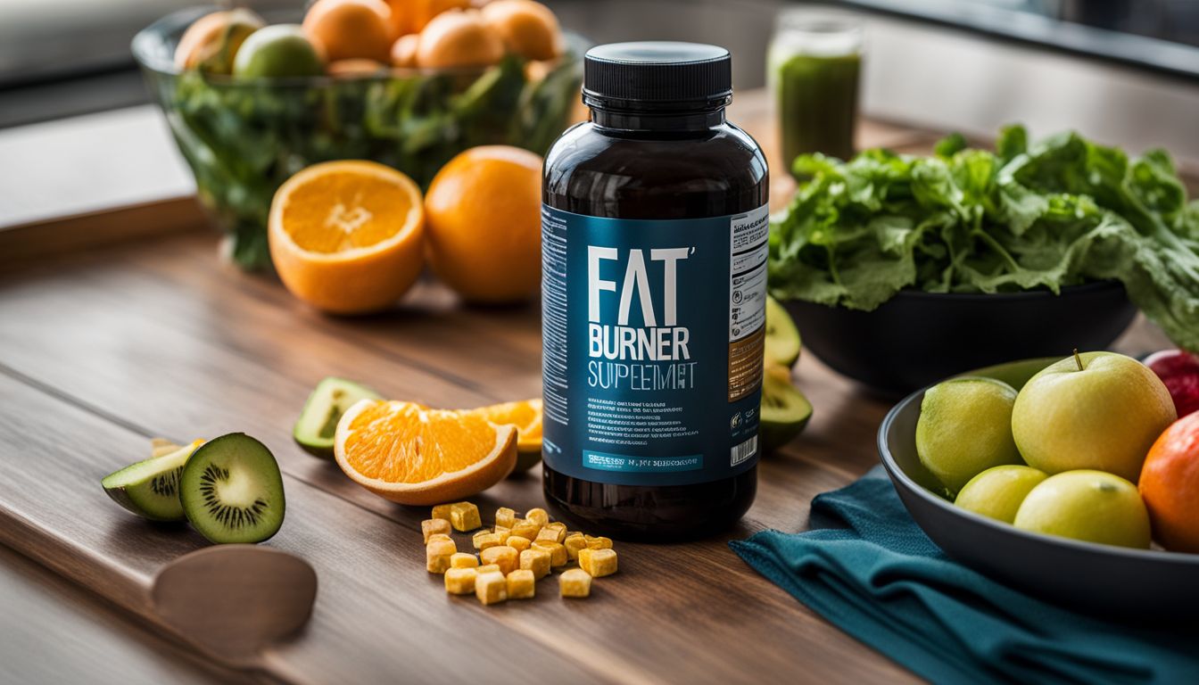A bottle of fat burner supplements next to healthy food and workout gear.