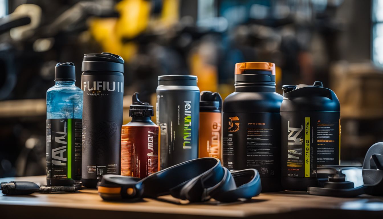 A variety of fitness supplements surrounded by diverse people and nature.