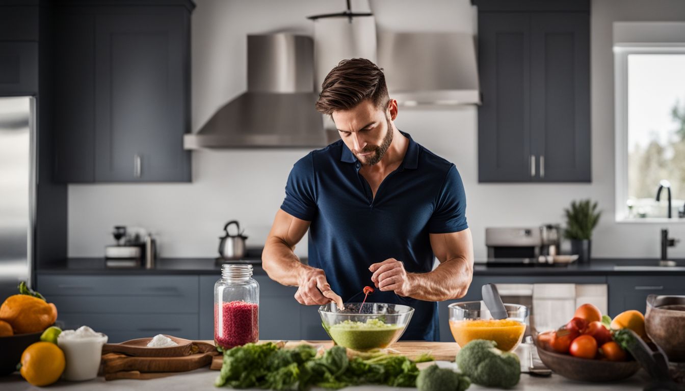 A fitness enthusiast prepares pre-workout in a modern kitchen.