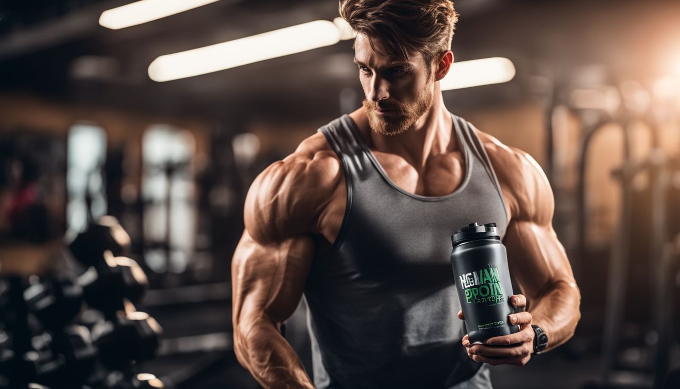 A vegan athlete holding a protein shake bottle in a gym.