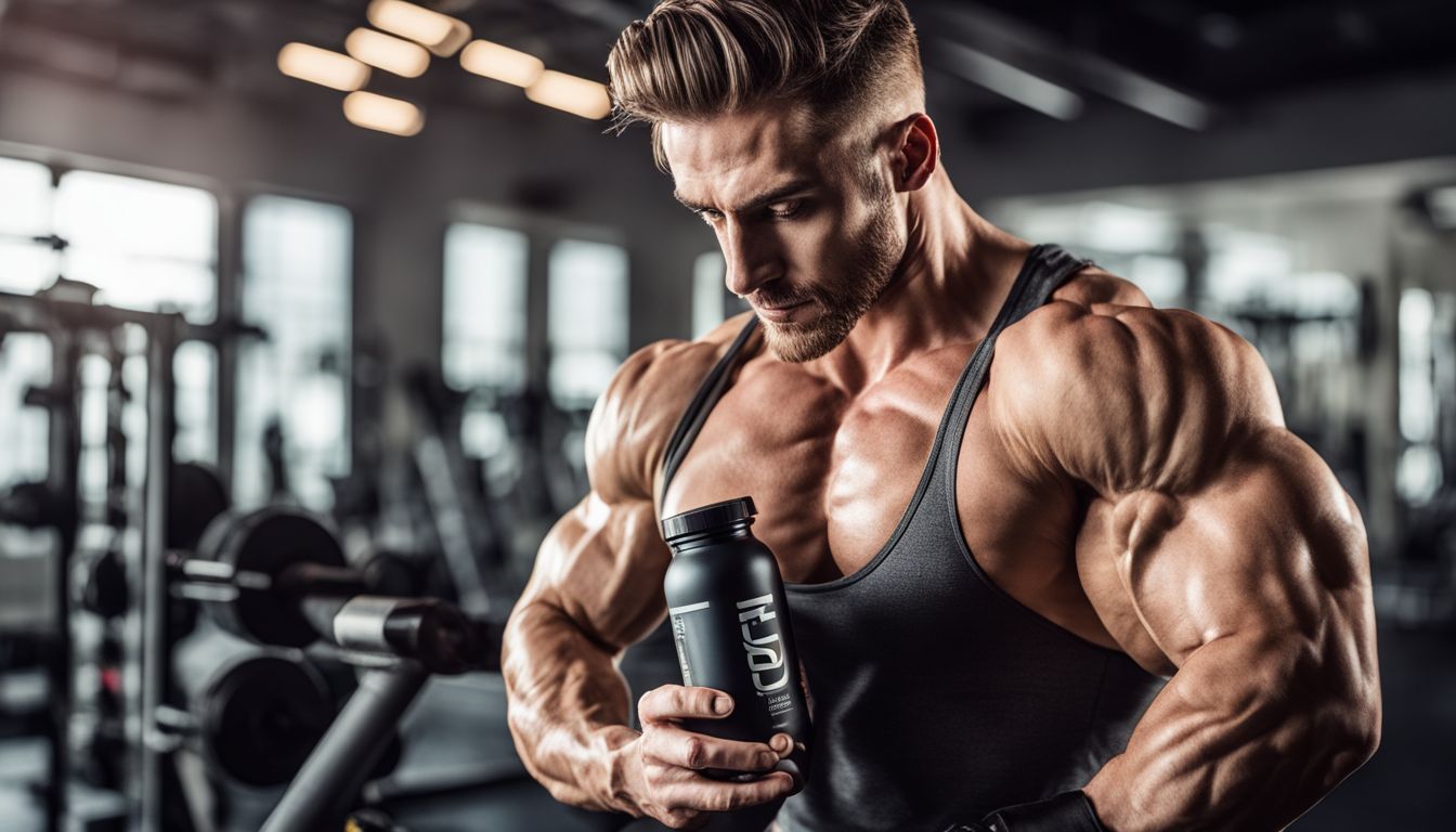 A muscular vegan bodybuilder holding vegan protein powder in a gym.