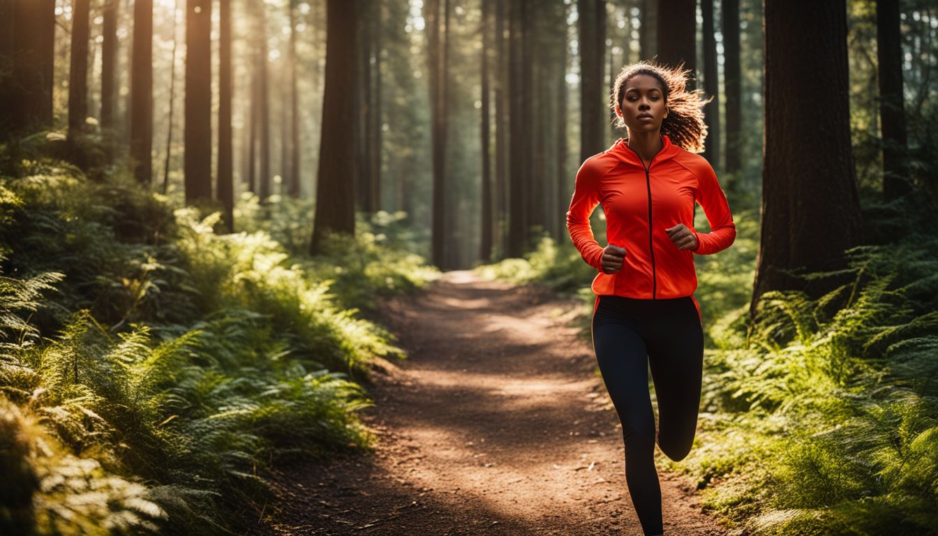 A person jogging on a forest trail with various outfits and hair styles.