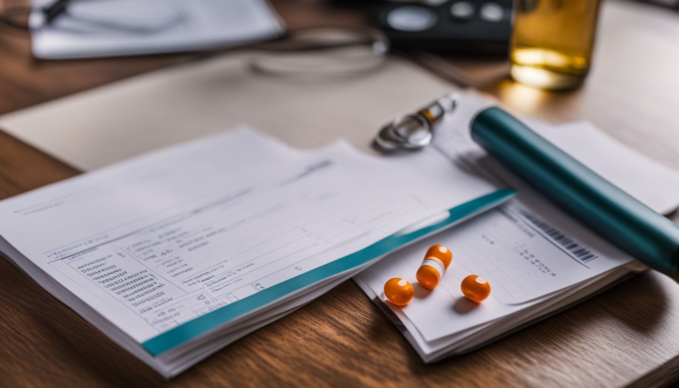 A bottle of fat burning pills next to a doctor's prescription pad in a medical office.