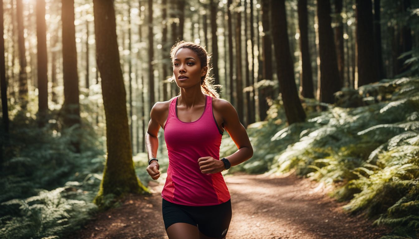 A woman jogging through a scenic forest trail in various outfits.