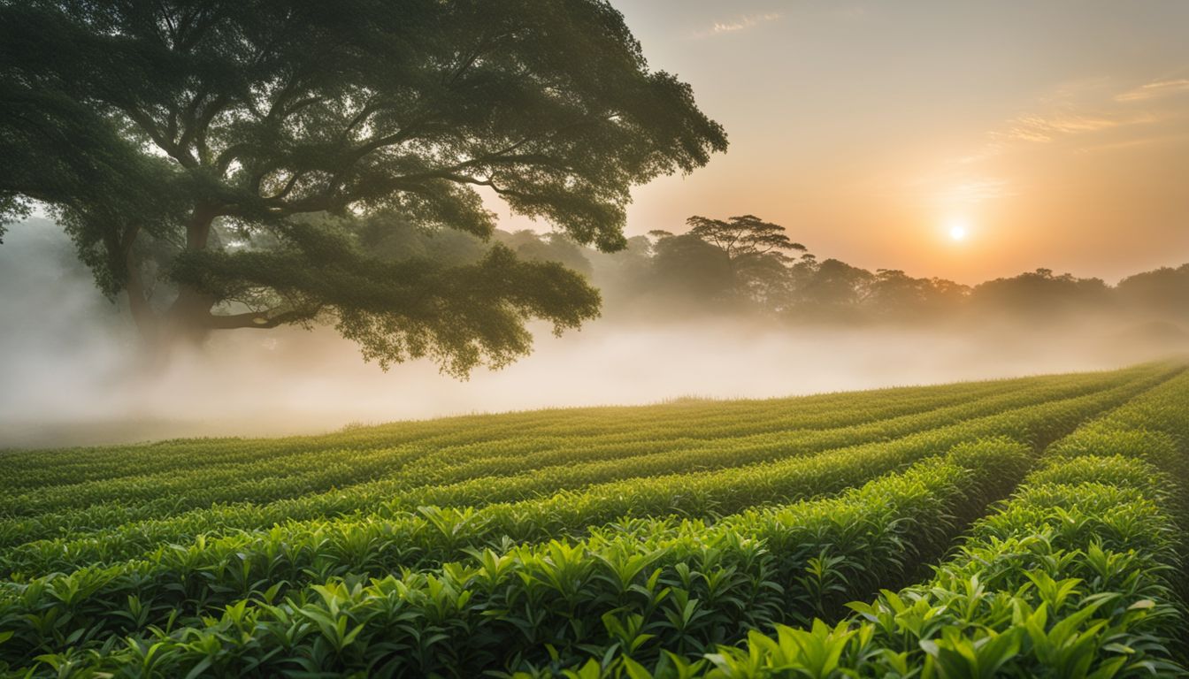 A beautiful green tea field at sunrise with mist and vibrant colors.