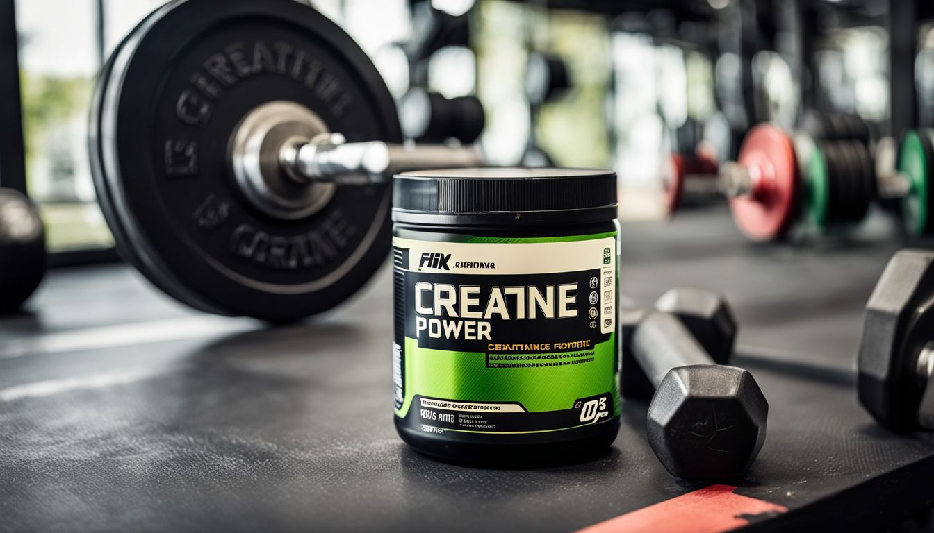 A container of creatine powder next to a weightlifting barbell in a gym setting.