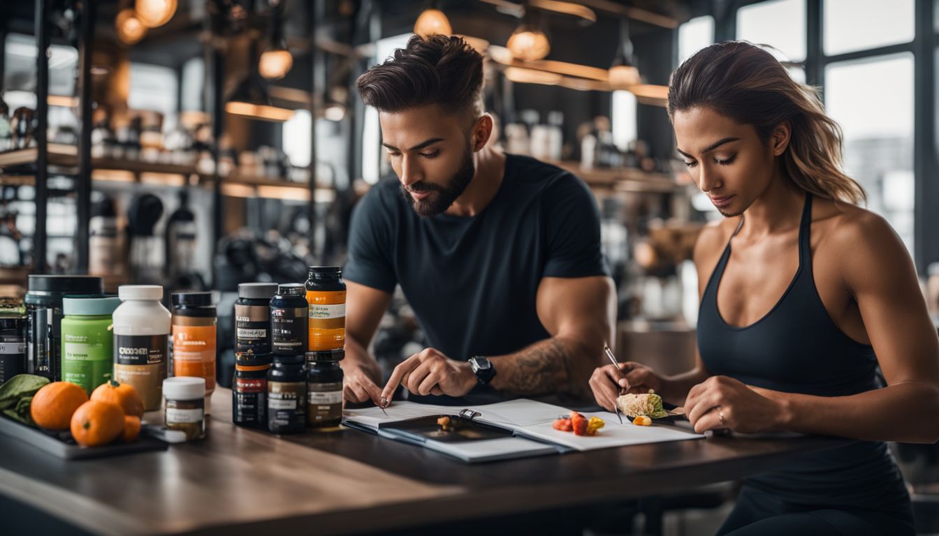 A person consulting with a nutritionist on fitness supplements in a city setting.