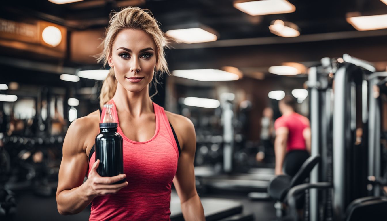 A person working out at the gym holding fat burning supplement.