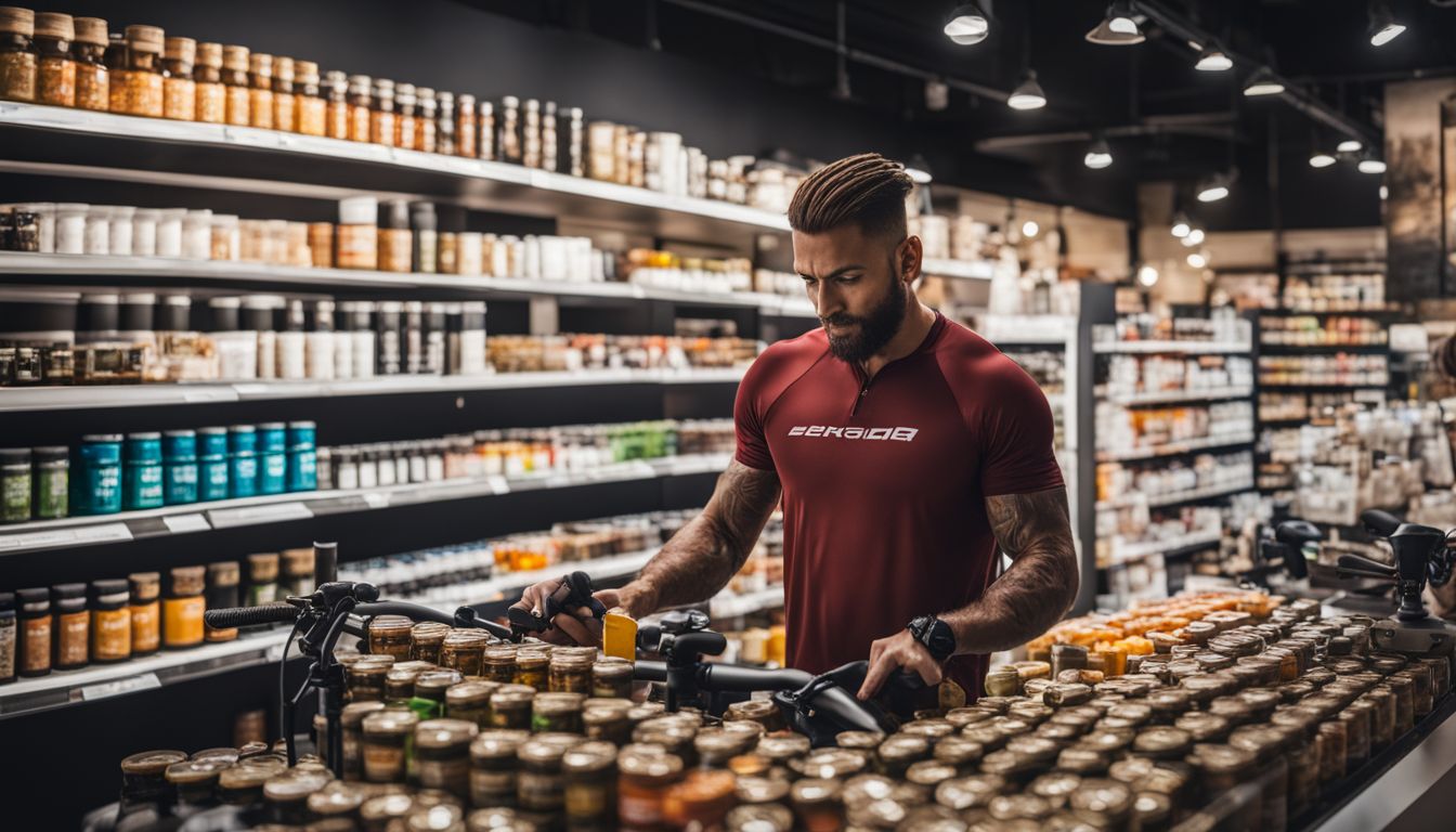 A cyclist selecting supplements in a busy nutrition store.