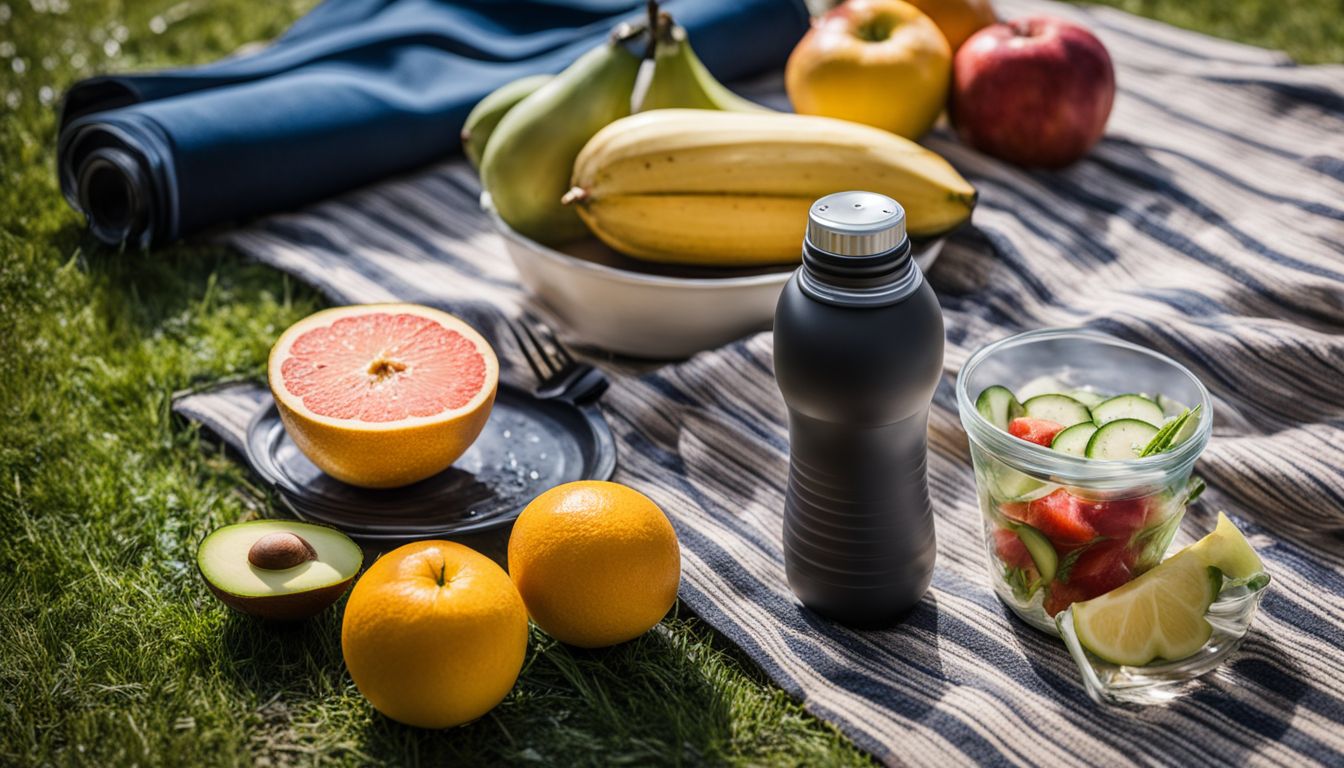 A peaceful outdoor setting with a water bottle and healthy food spread on a workout mat.
