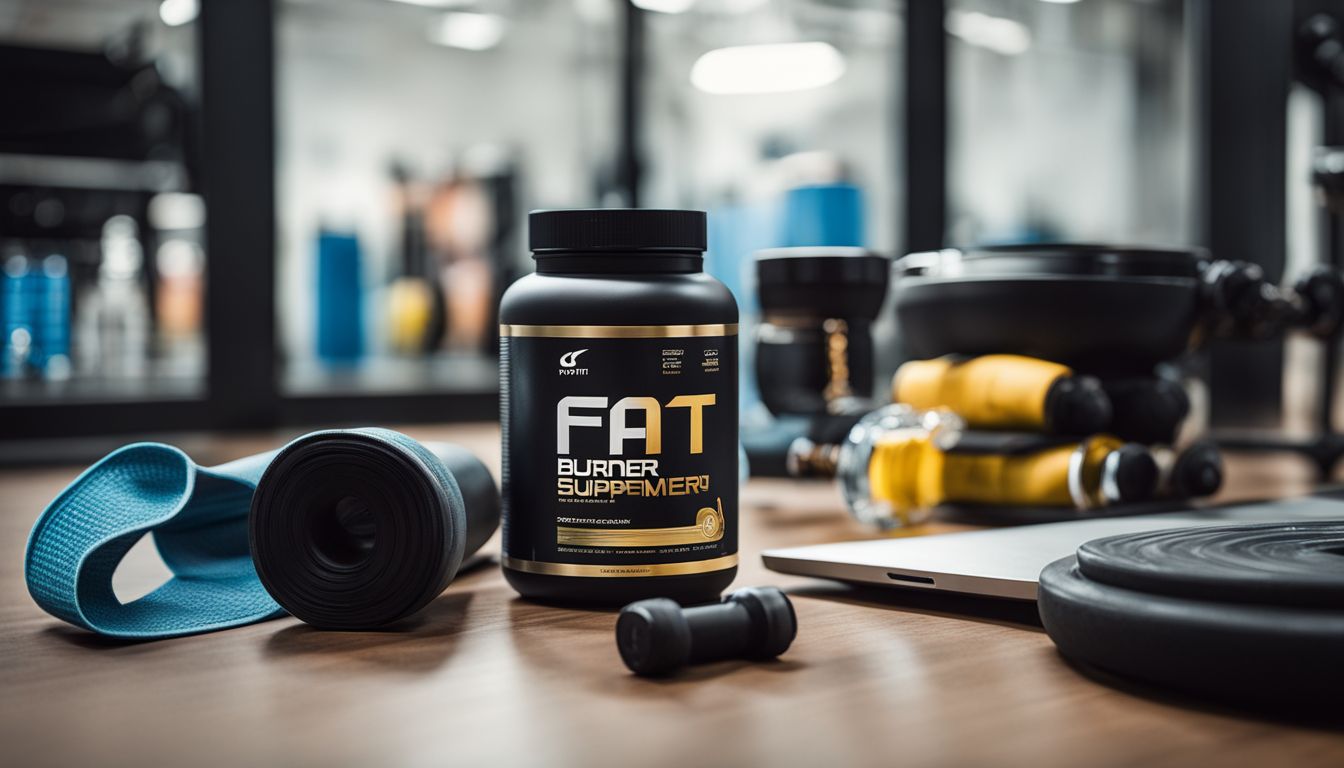 A bottle of fat burner supplements in a gym surrounded by workout equipment.