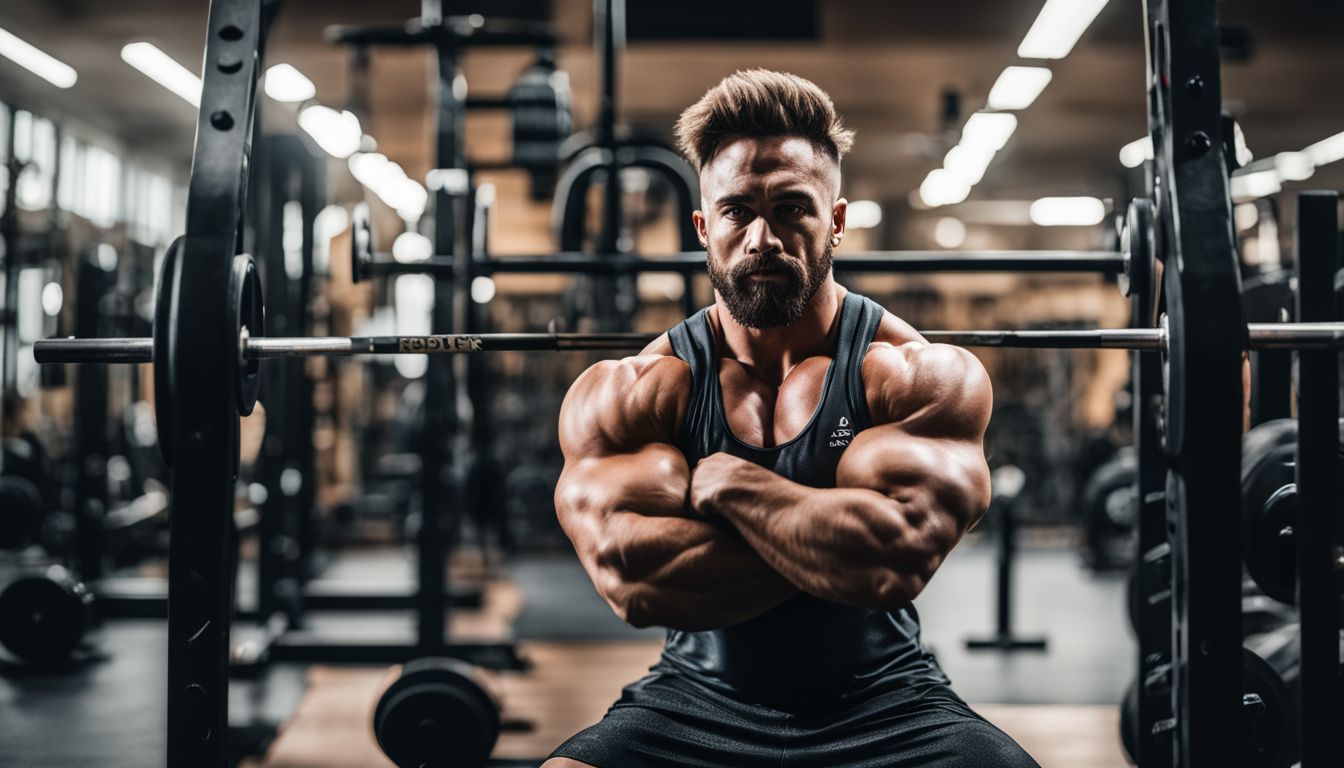 A weightlifter surrounded by protein powders and supplements in a gym.