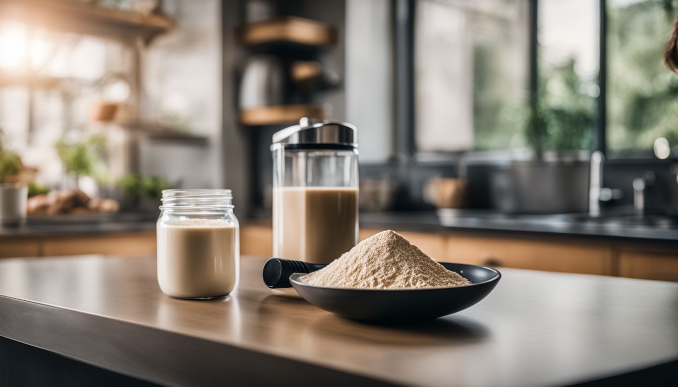 A scoop of whey protein powder and a shaker bottle on a kitchen counter.