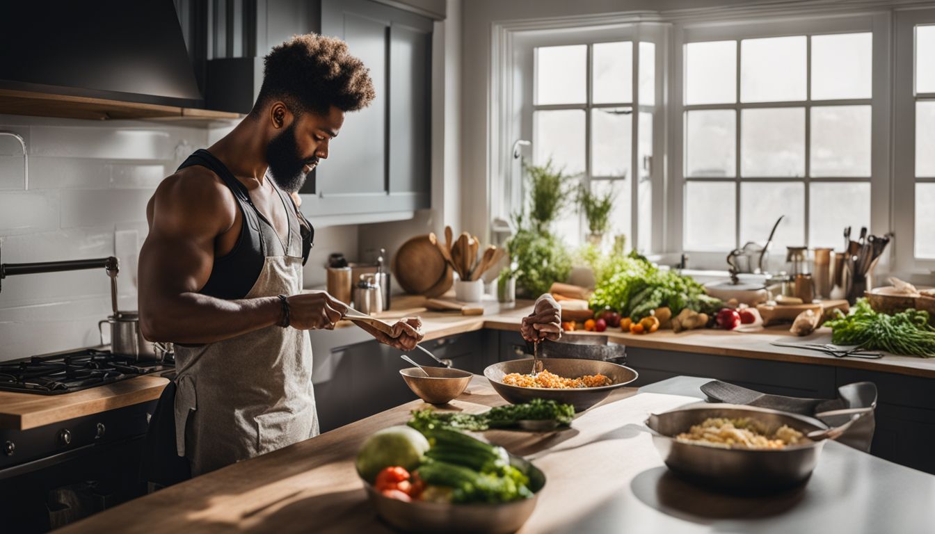 A man cooking a balanced meal in a well-lit kitchen.