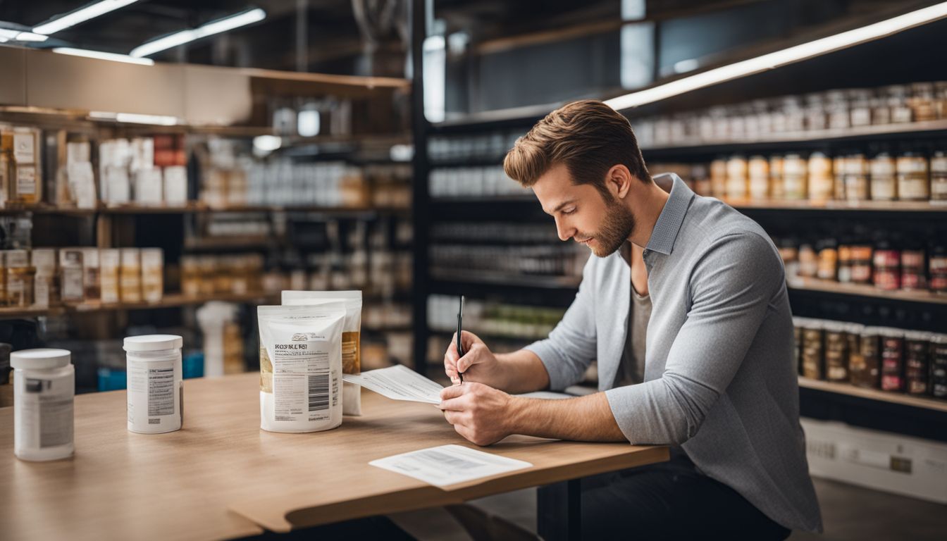 A person researching and analyzing supplement labels in a bustling research room.