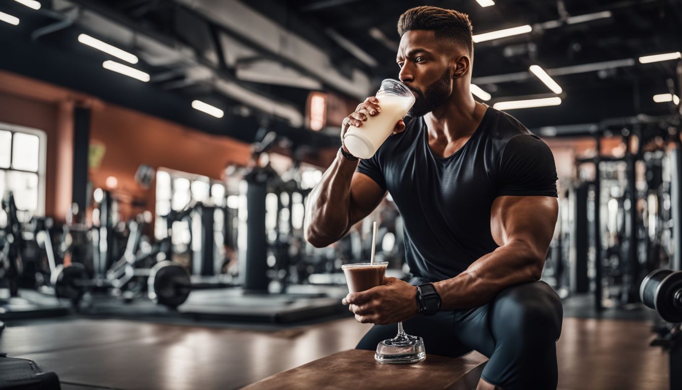 A muscular man drinking a protein shake in a gym.