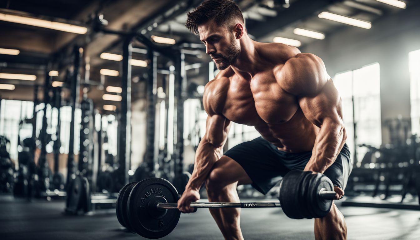 A muscular man lifting weights in a well-equipped gym.