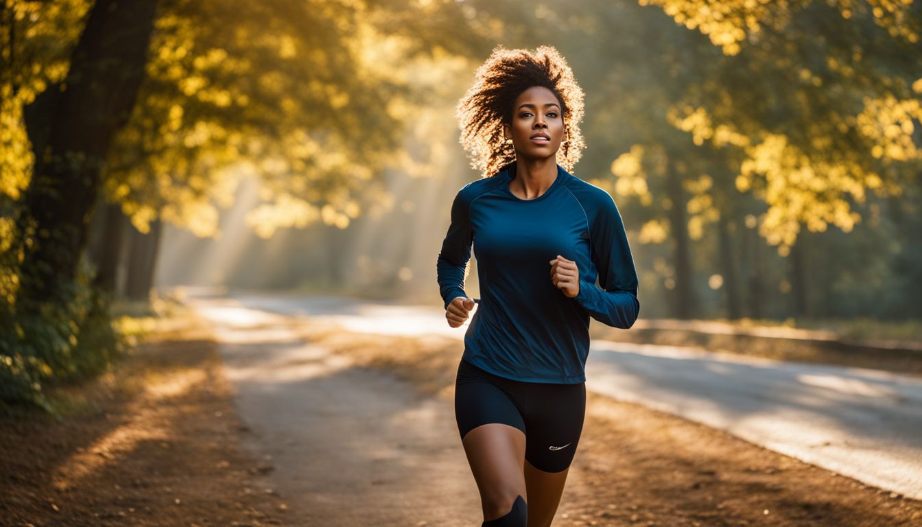 A woman jogging in nature with different hairstyles and outfits.