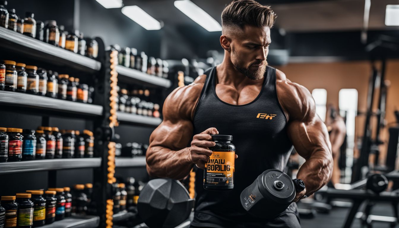 A person holding muscle-building supplements in a gym.