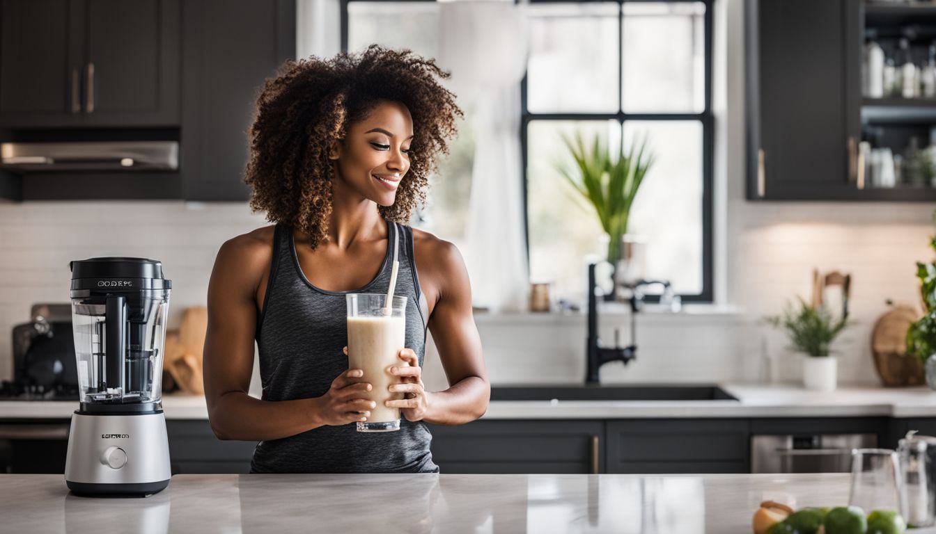 A fitness enthusiast making a protein shake in a modern kitchen.