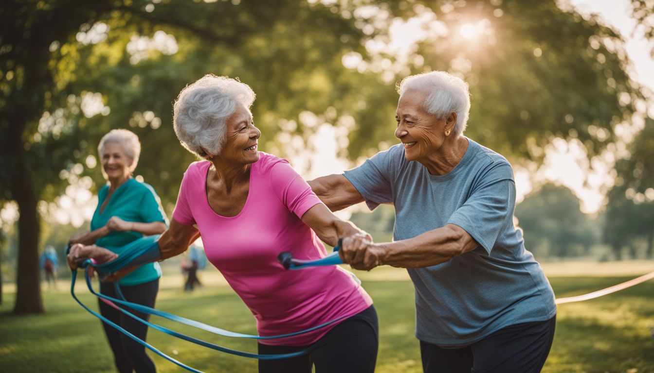 Elderly couple exercising with resistance bands in a park.
