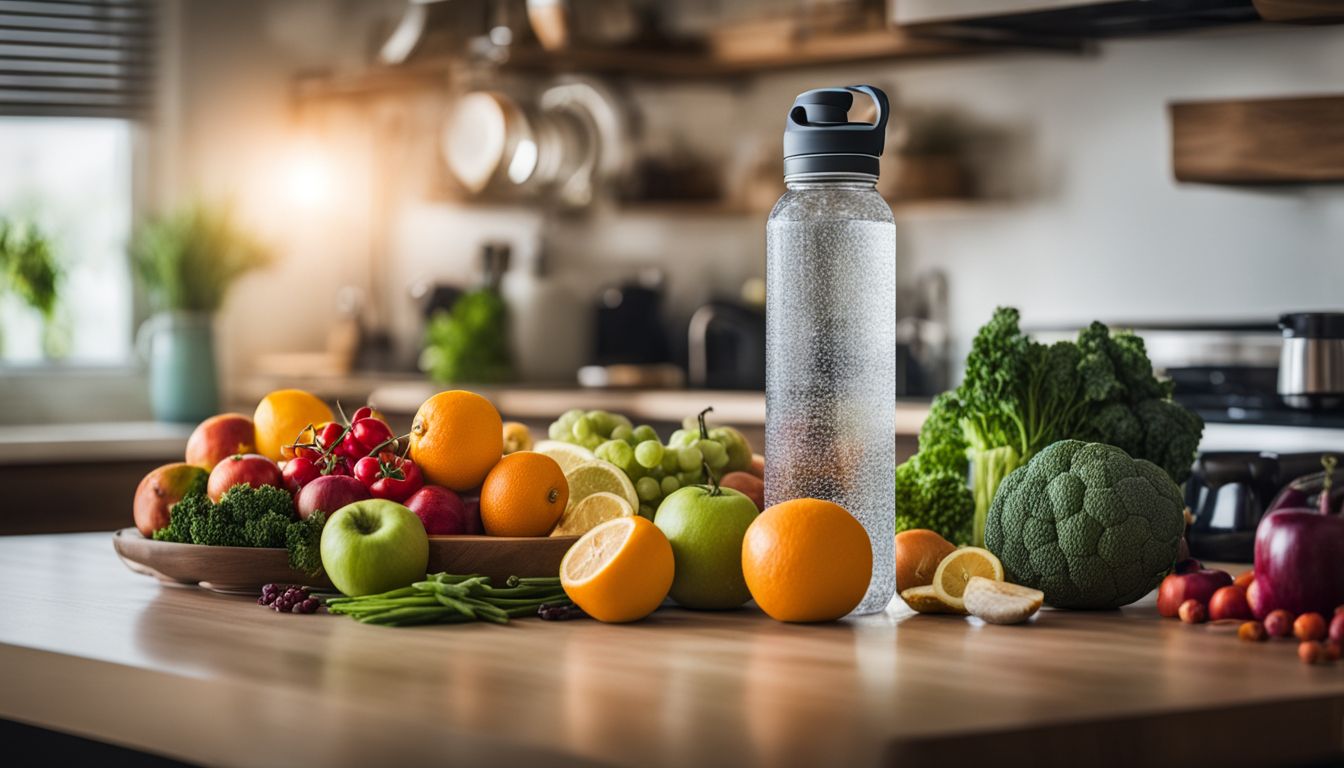A water bottle surrounded by fresh fruits and vegetables in a kitchen.