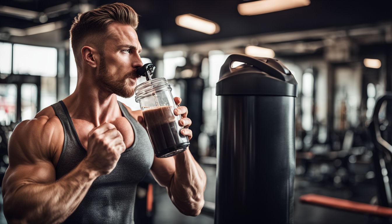 A muscular man drinking a protein shake in a gym.