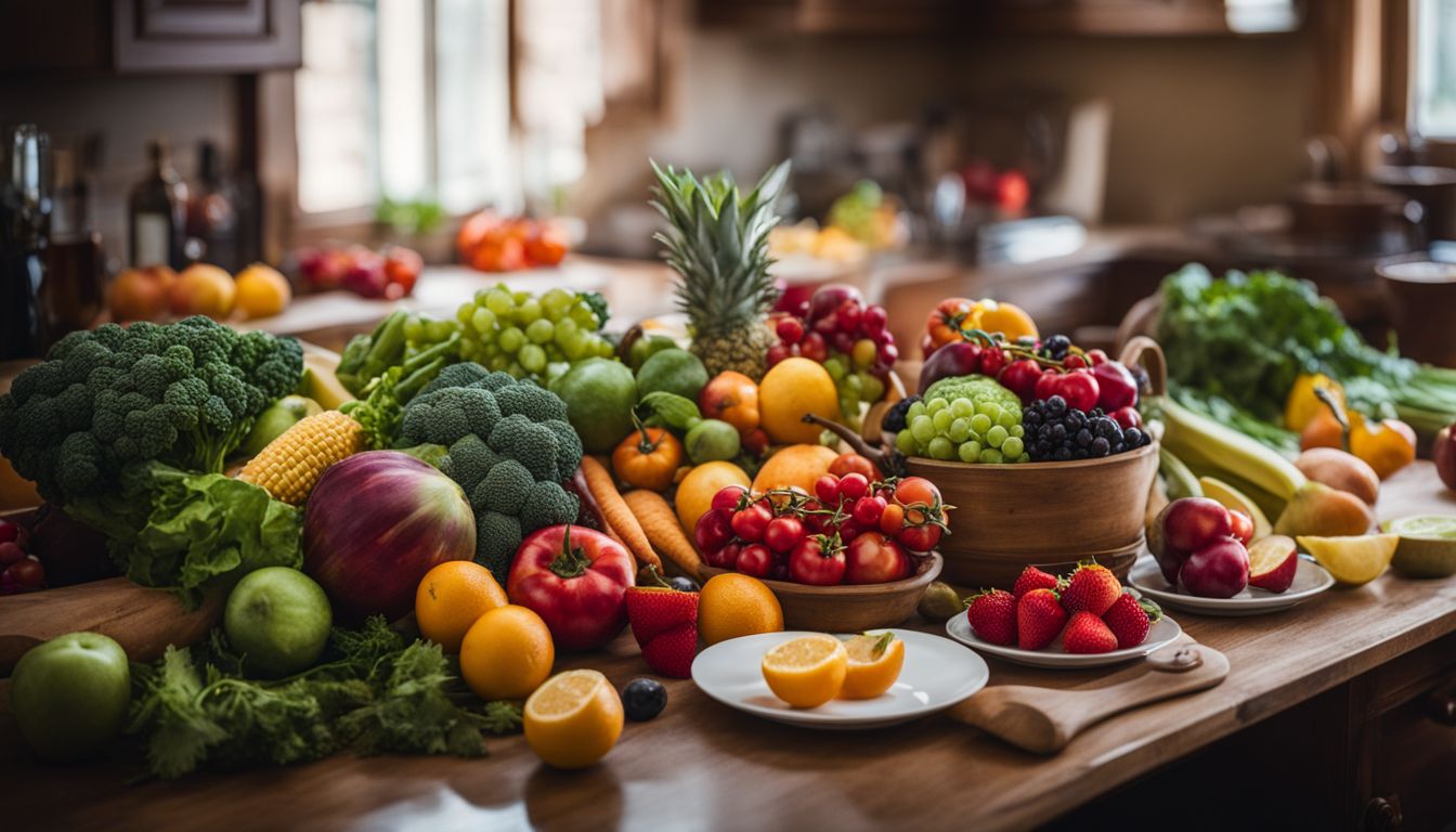 A variety of vibrant fruits and vegetables on a kitchen table.
