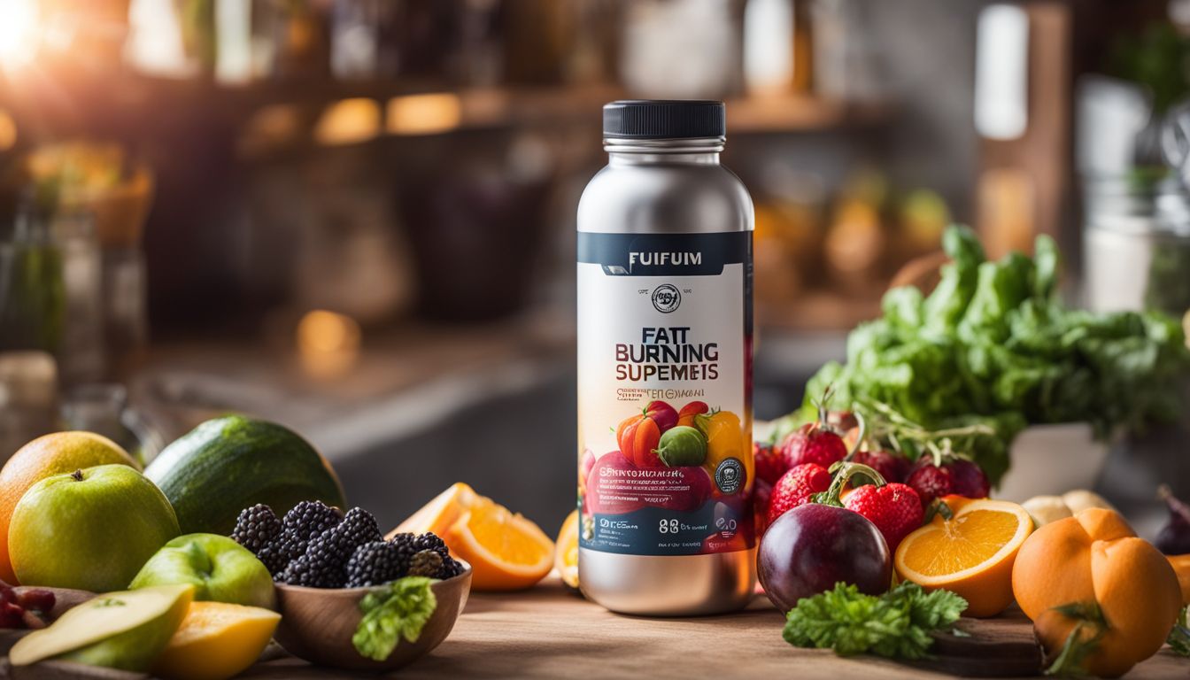 A bottle of fat burning supplements surrounded by fresh fruits and vegetables.