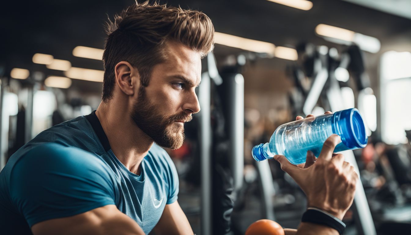 A fit man drinking water in a gym environment.
