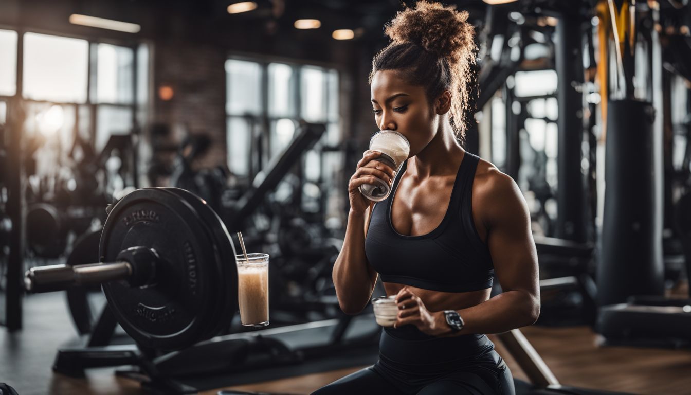A person drinking pre-workout shake in a bustling gym surrounded by equipment.