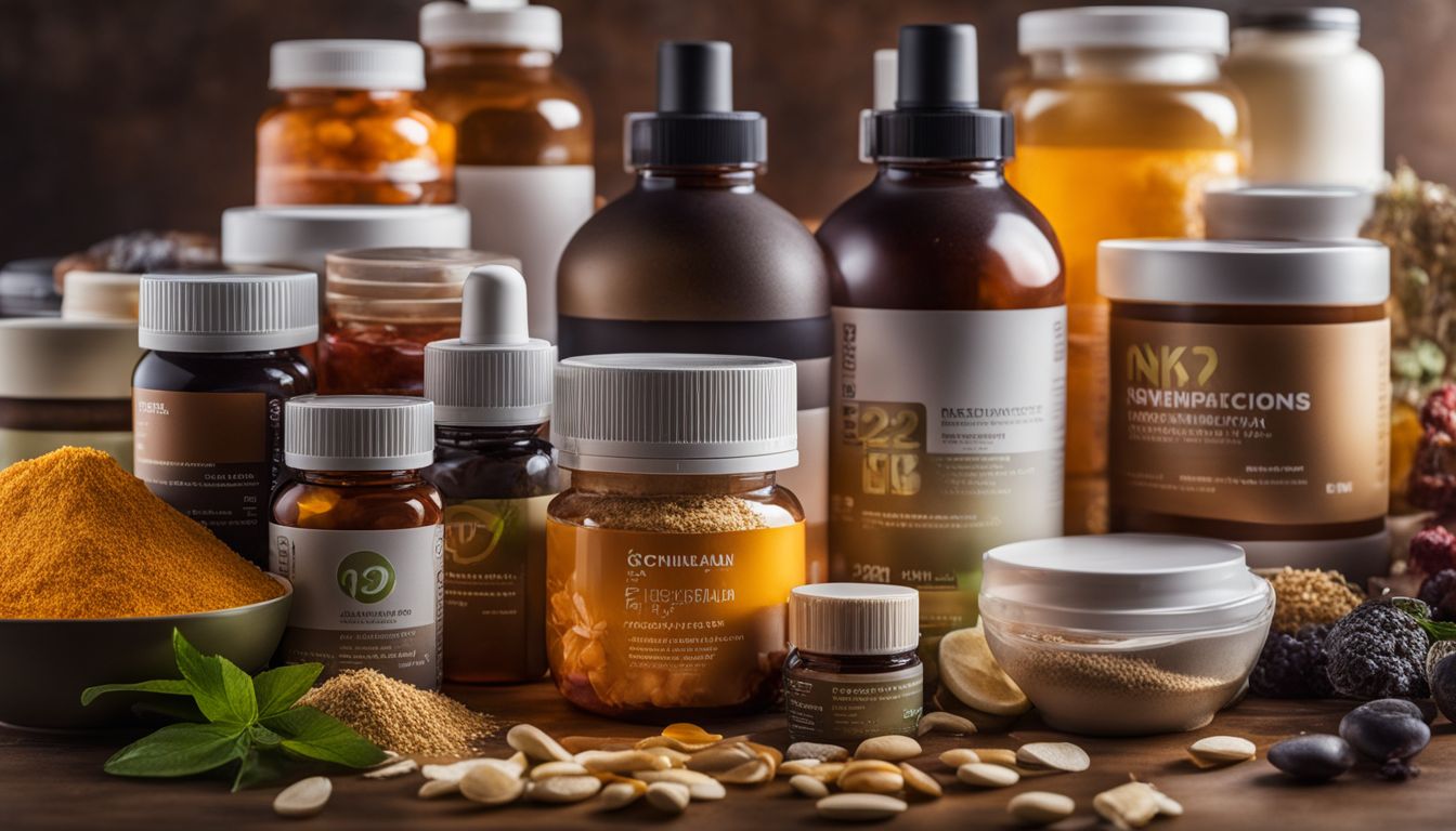 Assorted natural supplements displayed on a fitness-themed background.