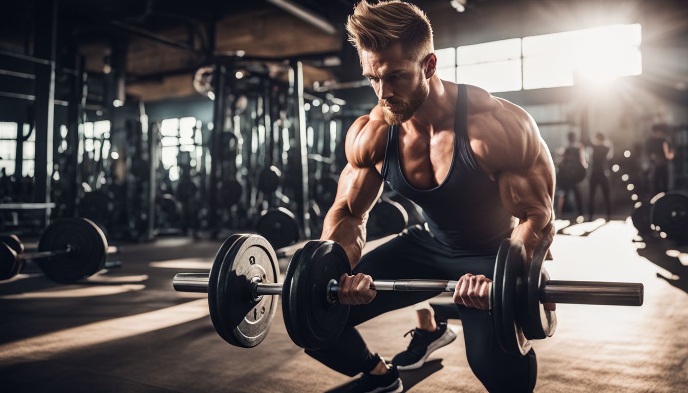 A muscular athlete lifting weights in a well-equipped gym.